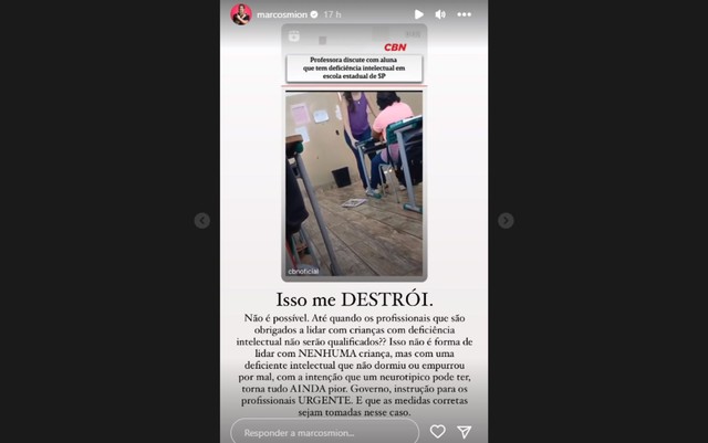 Marcos Mion se manifesta após professora hostilizar aluna deficiente em sala de aula em Sales Oliveira: ‘Isso me destrói’