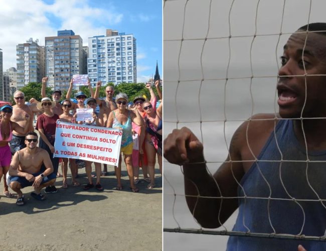 Manifestantes pedem prisão de Robinho em praia onde ex-atleta joga futevôlei no litoral de SP