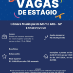 Câmara de Monte Alto prorroga prazo para inscrição em seleção de estagiários