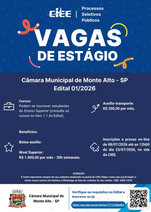 Câmara de Monte Alto prorroga prazo para inscrição em seleção de estagiários