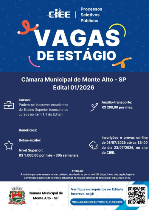 Câmara de Monte Alto prorroga prazo para inscrição em seleção de estagiários