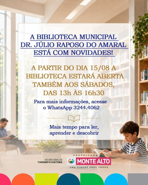 Biblioteca Municipal de Monte Alto agora funcionará aos sábados a partir de 15 de agosto